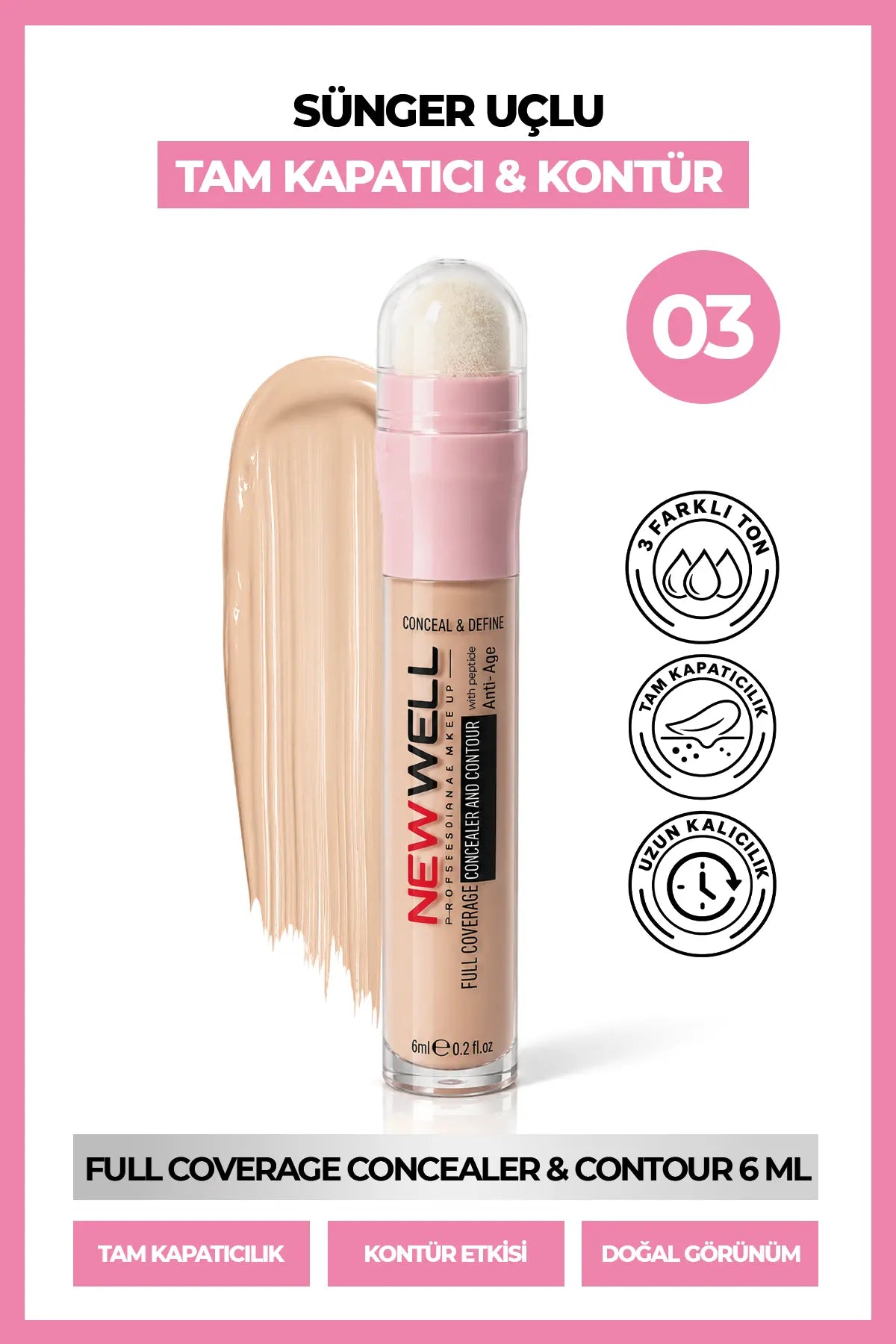 Full Coverage Concealer & Contour Sünger Uçlu Kapatıcı & Kontür 03 6 ml