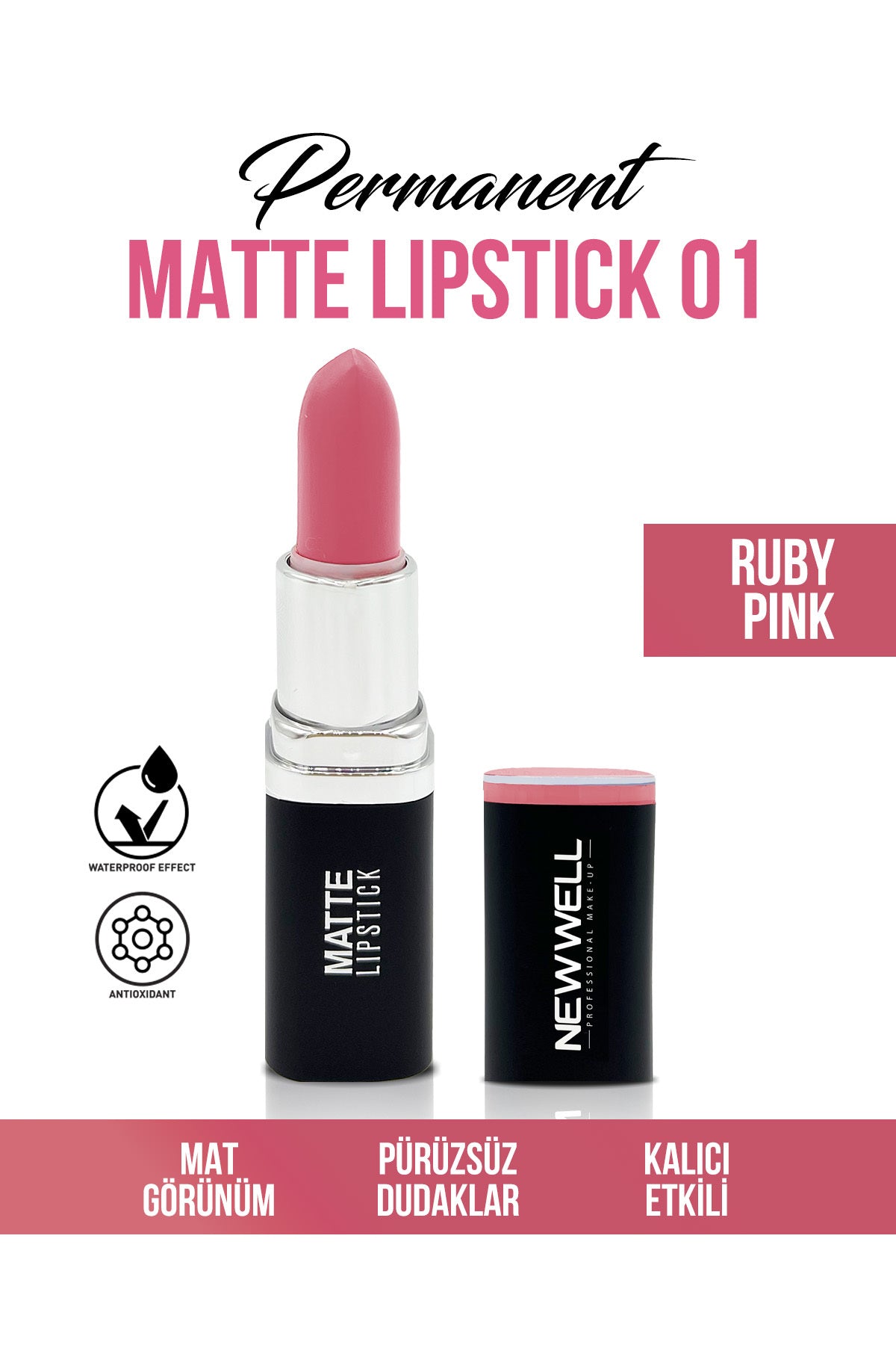 Permanent Matte Lipstick 01Ruby Pink Uzun Süre Kalıcı